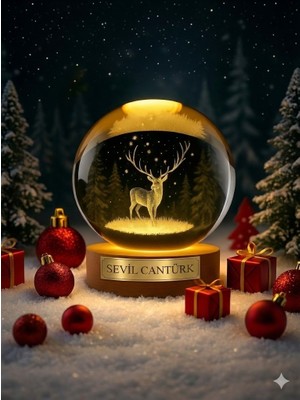 Deco Elit Kişiye Özel 3D Kristal Küre Geyik Figürlü  LED Işıklı Gece Lambası Usb'li Ahşap Standlı Lamba