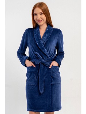 Vienetta Kadın Kadife Şal Yaka Uzun Kollu Cepli %100 Pamuk Sabahlık C4T2N0705