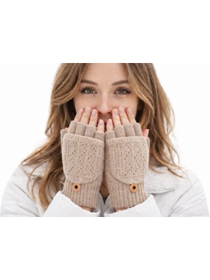 Gigi Giyim Delikli Düz Renk Kapaklı Yarım Parmak Örgü Kadın Eldiven