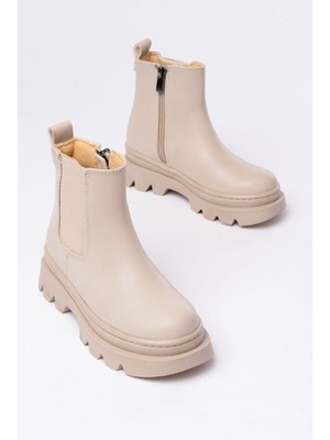 Çocuk Bej Yüksek Taban Lastikli Fermuarlı Kaydırmaz Taban Bot Bot