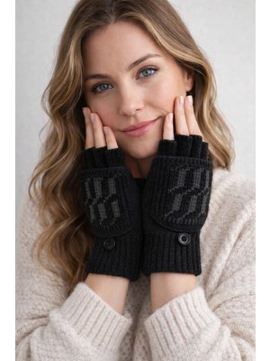 Gigi Giyim Blok Desenli Kapaklı Yarım Parmak Örgü Kadın Eldiven
