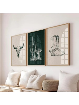 Pam Studio Western Kovboy Temalı 3’lü Poster Seti – Kaktüs, Çizme ve Buffalo Kafatası Illüstrasyon Duvar Dekoru