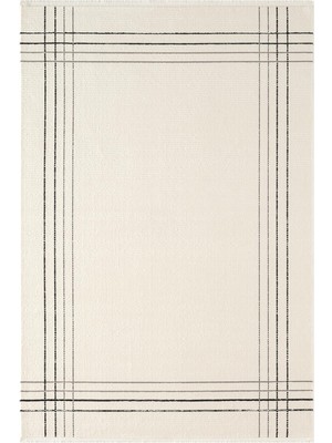 Karmen Halı Look Black LB006W Krem Halı Siyah Dekoratif Çizgili Modern Desen Akrilik Yumuşak Tozuaz Salon Halısı