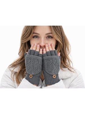 Gigi Giyim Delikli Düz Renk Kapaklı Yarım Parmak Örgü Kadın Eldiven