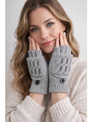 Gigi Giyim Blok Desenli Kapaklı Yarım Parmak Örgü Kadın Eldiven