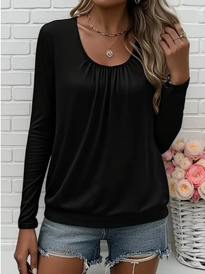 Marsilyan- Kadın Uzun Kollu Yuvarlak Yakalı Viskon Bluz