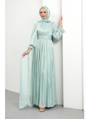 İmaj Butik Mint Yeşili Pelerin Detaylı Piliseli Abiye