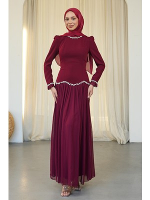 İmaj Butik Bordo Sırt Bağlamalı Taşlı Abiye
