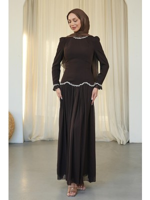 İmaj Butik Acı Kahve Sırt Bağlamalı Taşlı Abiye
