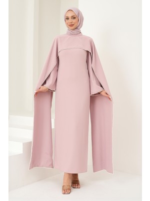 İmaj Butik Pudra Inci Detaylı Pelerinli Abiye