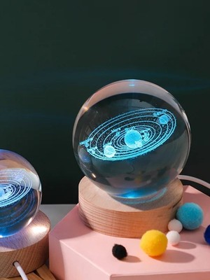 Biton Toptan 3D Güneş Sistemi Kristal LED Gece Lambası – Usb'li Ahşap Standlı LED Masa - Gece Lambası Rgb LED