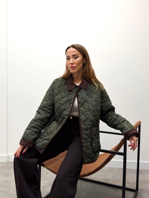 Ecenin Favorileri Oversize Bir Beden Küçük Alınız - Kahve Kadife Yakalı Haki Kapitone Kadın Mont