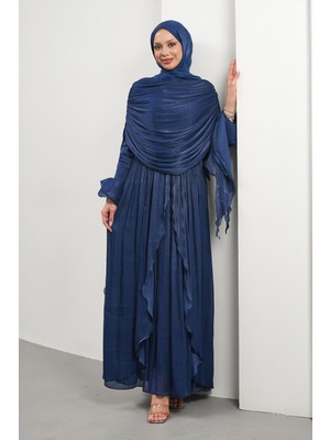İmaj Butik Lacivert Seyyar Pelerinli Fırfırlı Abiye