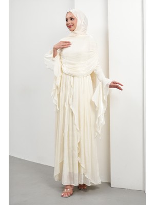 İmaj Butik Krem Seyyar Pelerinli Fırfırlı Abiye