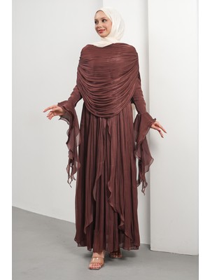 İmaj Butik Mürdüm Seyyar Pelerinli Fırfırlı Abiye