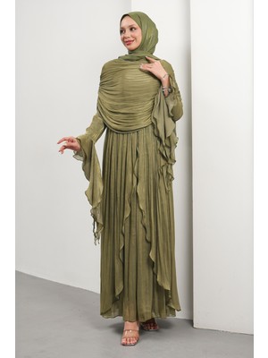 İmaj Butik Koyu Yağ Yeşili Seyyar Pelerinli Fırfırlı Abiye