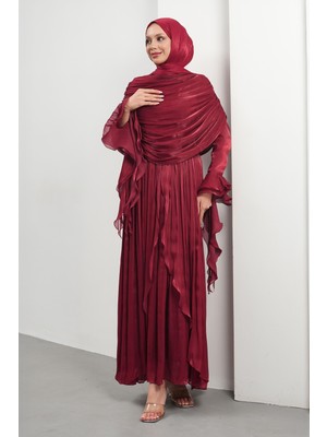İmaj Butik Bordo Seyyar Pelerinli Fırfırlı Abiye