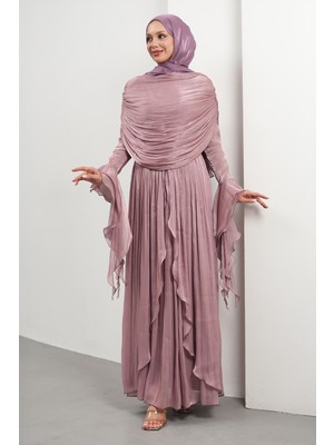 İmaj Butik Gül Kurusu Seyyar Pelerinli Fırfırlı Abiye