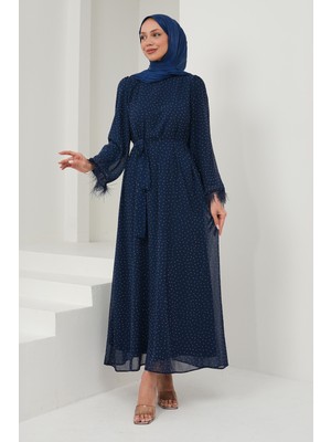 İmaj Butik Lacivert Serpme Taşlı Kolu Tüğlü Abiye