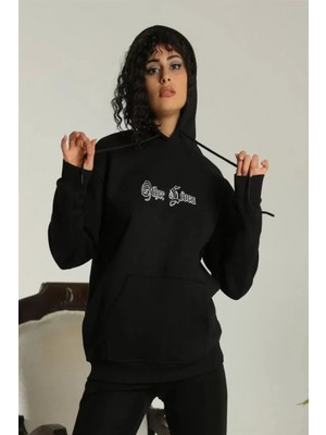 Marsilyan- Sırt Baskılı Oversize Üç Iplik Kapüşonlu Sweatshirt - Siyah
