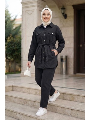 Kadın Düğmeli ve Cepli Kot Siyah Tunik Pantolon Ikili Takım