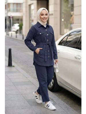 Kadın Düğmeli ve Cepli Kot Lacivert Tunik Pantolon Ikili Takım