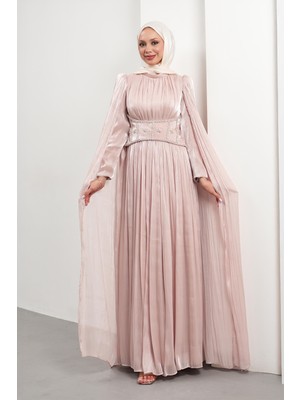 İmaj Butik Pudra Beli Taşlı Pelerinli Piliseli Abiye