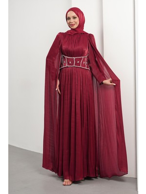 İmaj Butik Bordo Beli Taşlı Pelerinli Piliseli Abiye