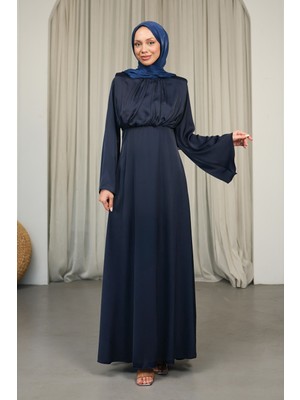 İmaj Butik Lacivert Omuzları Vatkatlı Saten Abiye