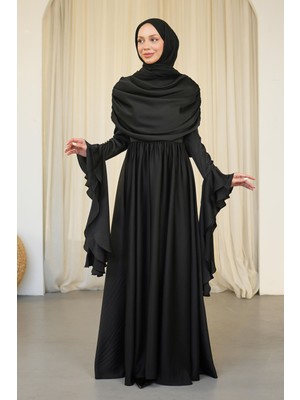 İmaj Butik Siyah Kol Katlı Önü Drapeli Saten Abiye