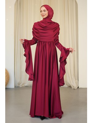 İmaj Butik Bordo Kol Katlı Önü Drapeli Saten Abiye