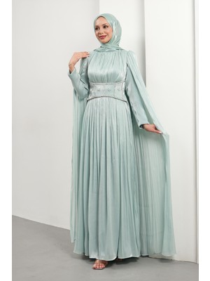 İmaj Butik Mint Yeşili Beli Taşlı Pelerinli Piliseli Abiye