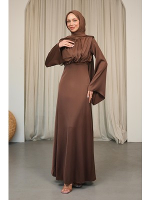 İmaj Butik Kahverengi Omuzları Vatkatlı Saten Abiye