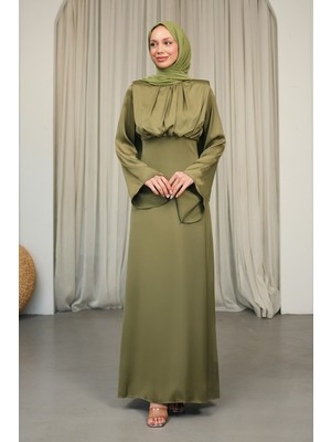 İmaj Butik Koyu Yağ Yeşili Omuzları Vatkatlı Saten Abiye