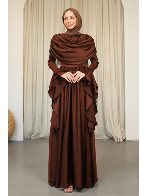 İmaj Butik Kahverengi Kol Katlı Önü Drapeli Saten Abiye