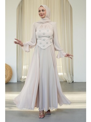 İmaj Butik Bej Taş Işlemeli Büstiyerli Abiye