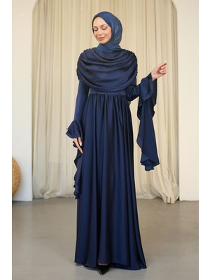 İmaj Butik Lacivert Kol Katlı Önü Drapeli Saten Abiye