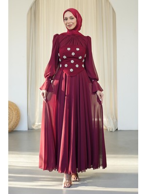 İmaj Butik Bordo Taş Işlemeli Büstiyerli Abiye
