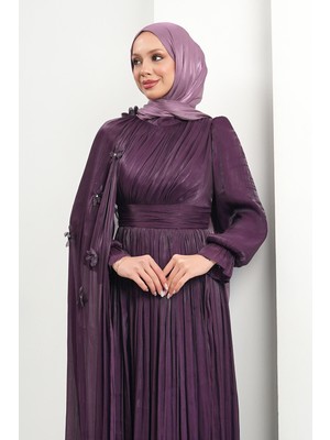 İmaj Butik Mor Pelerin Detaylı Piliseli Abiye