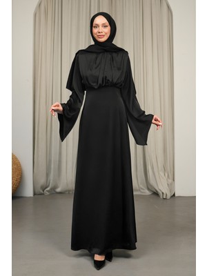 İmaj Butik Siyah Omuzları Vatkatlı Saten Abiye