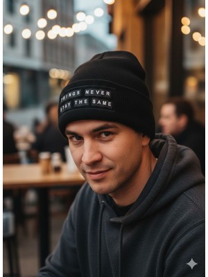 Lunaknit Siyah Cırtlı Kişiselleştirilebilir Bere | Isim Takılabilir Unisex Kışlık Triko Bere