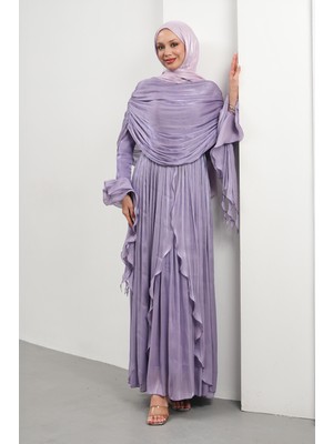 İmaj Butik Lila Seyyar Pelerinli Fırfırlı Abiye