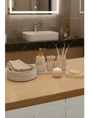 Elizovi Mermer Dokulu 7 Parça Lüks Banyo Seti | Sıvı Sabunluk, Fırçalık, Havluluk, Tepsi, Mumluk