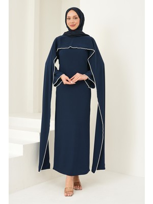 İmaj Butik Lacivert Inci Detaylı Pelerinli Abiye