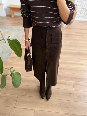 Ecenin Favorileri Önü Cep Detaylı Kahverengi Yırtmaçlı Kaşe Etek