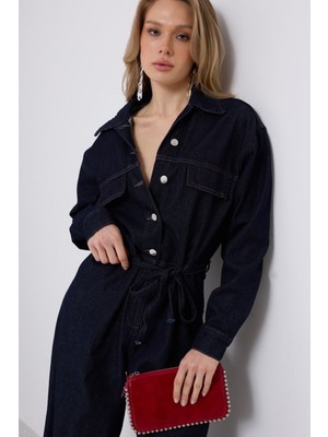 Düğme Detaylı Denim Tulum