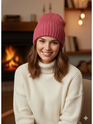 Lunaknit Pembe Fitilli Triko Bere | Unisex Kışlık Yumuşak Sıcak Düz Günlük Bere
