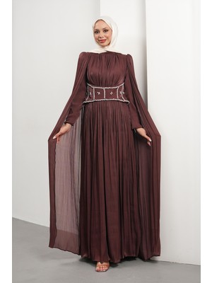İmaj Butik Mürdüm Beli Taşlı Pelerinli Piliseli Abiye