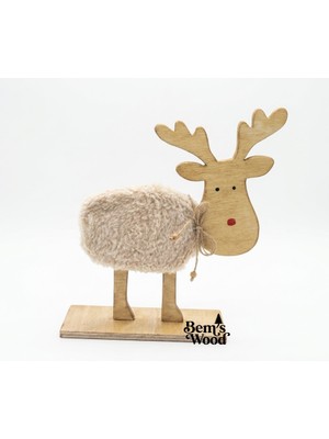Kıvırcık Peluş & Ahşap Yılbaşı Geyiği - Kırmızı Burunlu