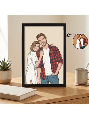 Kişiye Özel Fotoğraftan Çizilen Karikatür Poster | Çerçeveli Çift Illüstrasyon Tasarımı | Sevgililer Günü Hediyesi